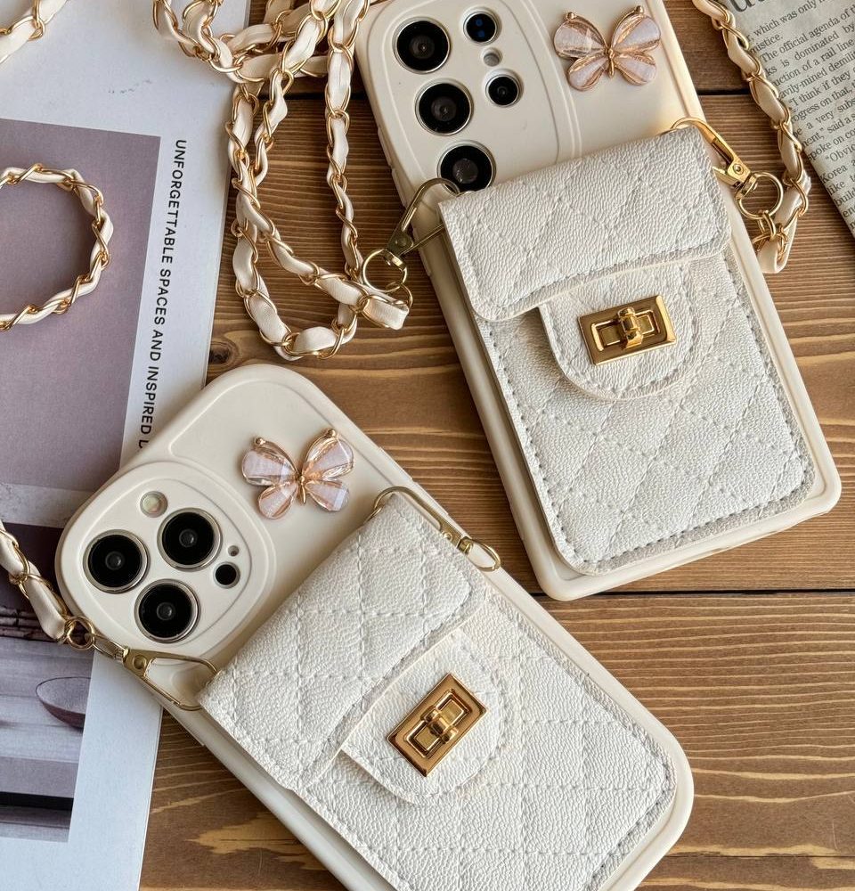 قاب موبایل آیفون بندزنجیری بلند بالشتی پروانه ای جاکارتی دار