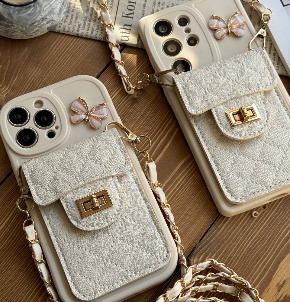 قاب موبایل آیفون بندزنجیری بلند بالشتی پروانه ای جاکارتی دار